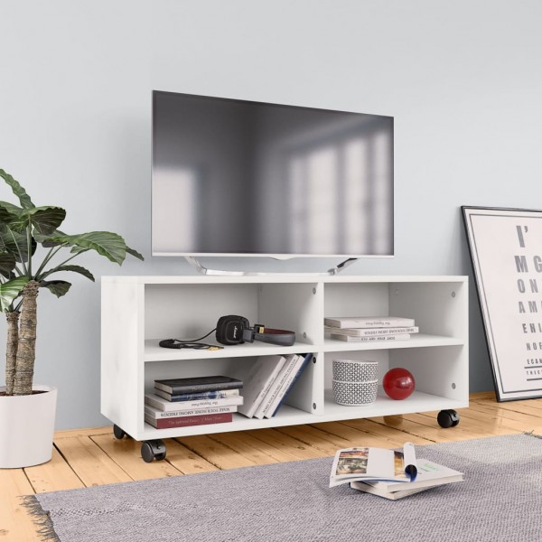 Mueble de TV con ruedas madera contrachapada blanco 90x35x35 cm D