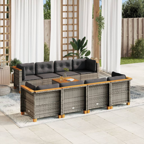 Set de muebles de jardín 9 pzas y cojines ratán sintético gris D