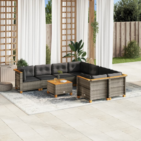 Set de muebles de jardín 9 pzas y cojines ratán sintético gris D