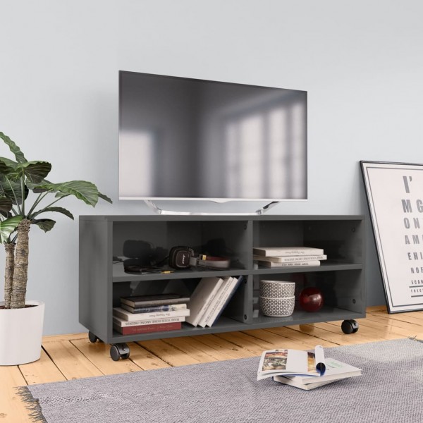 Mueble de TV con ruedas contrachapada gris brillo 90x35x35 cm D