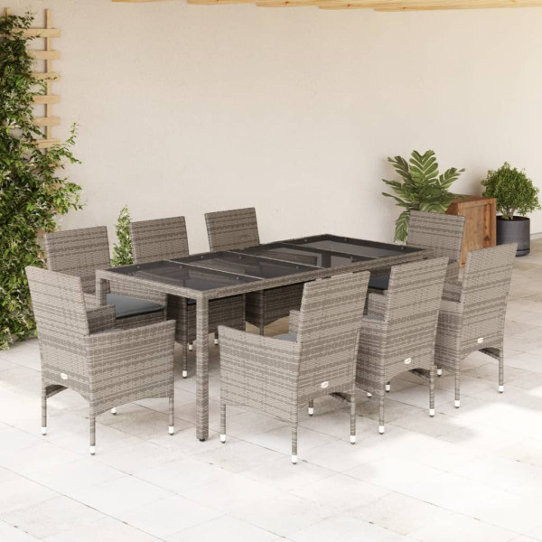 Set comedor jardín 9 pzas y cojines ratán sintético vidrio gris D