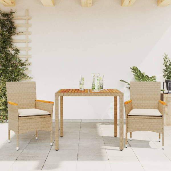 Set de comedor jardín 3 pzas con cojines ratán PE acacia beige D