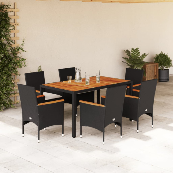 Set de comedor jardín 7 pzas con cojines ratán PE acacia negro D