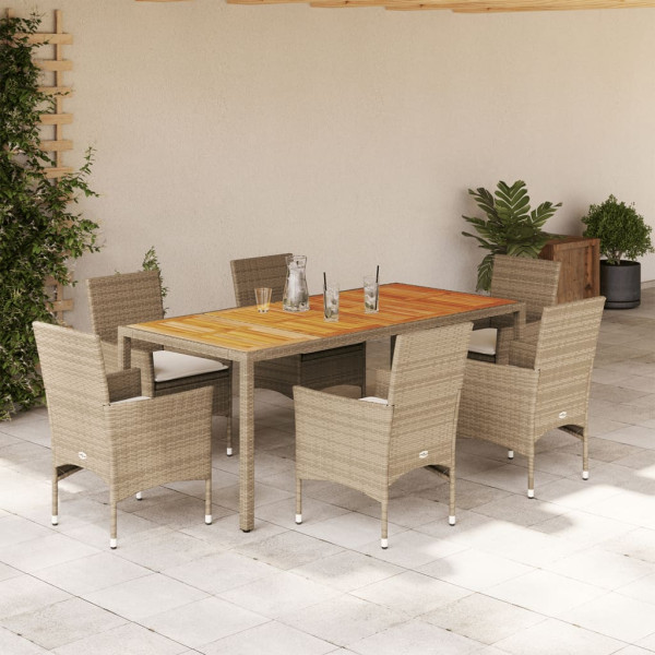 Set de comedor jardín 7 pzas con cojines ratán PE acacia beige D