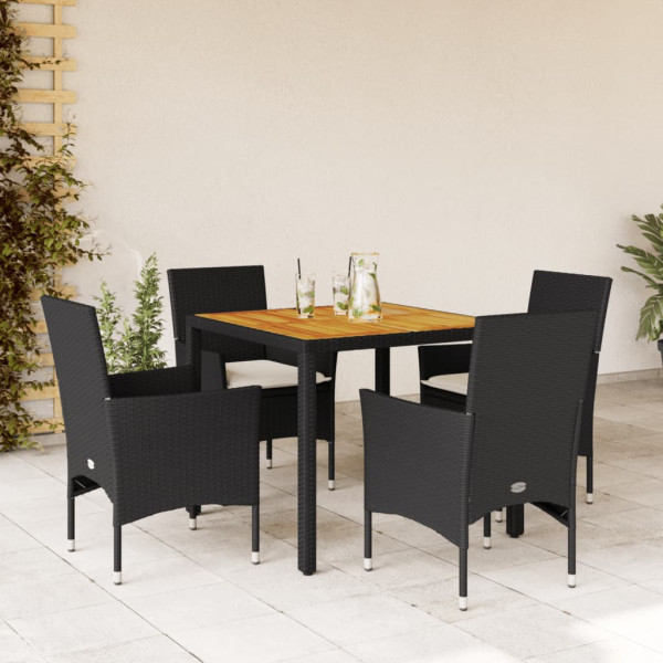 Set de comedor jardín 5 pzas con cojines ratán PE acacia negro D