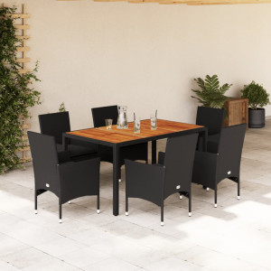 Set de comedor jardín 7 pzas con cojines ratán PE acacia negro D