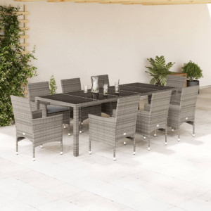 Set comedor jardín 9 pzas y cojines ratán sintético vidrio gris D