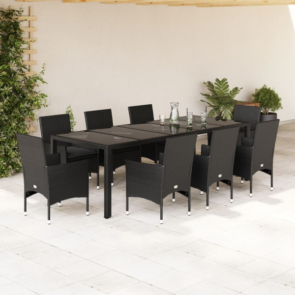 Set comedor jardín 9 pzas cojines ratán sintético vidrio negro D