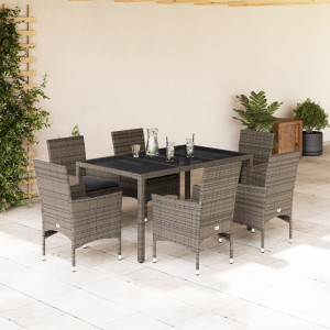 Set comedor jardín 7 pzas y cojines ratán sintético vidrio gris D