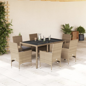 Set comedor jardín 7 pzas cojines ratán sintético vidrio beige D