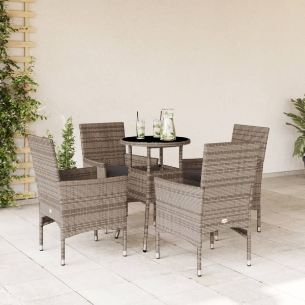 Set comedor jardín 5 pzas y cojines ratán sintético vidrio gris D