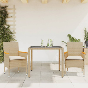 Set comedor jardín 3 pzas cojines ratán sintético vidrio beige D