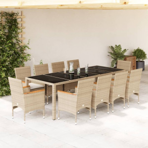 Set comedor jardín 11 pzas cojines ratán sintético vidrio beige D