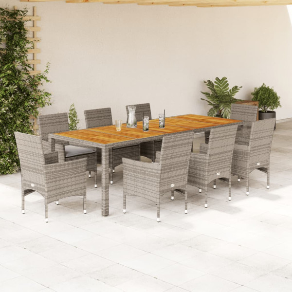 Set de comedor jardín 9 pzas con cojines ratán PE acacia gris D