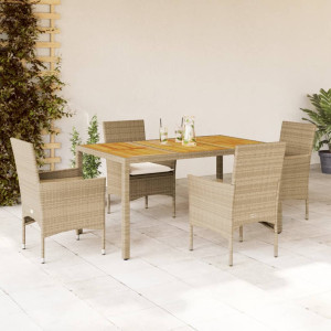 Set de comedor jardín 5 pzas con cojines ratán PE acacia beige D