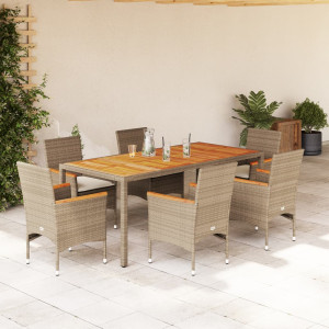 Set de comedor jardín 7 pzas con cojines ratán PE acacia beige D