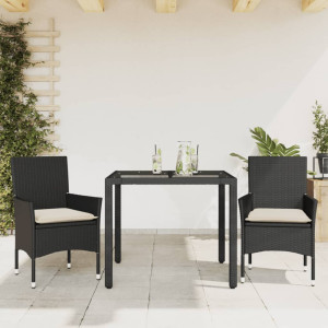 Set comedor jardín 3 pzas cojines ratán sintético vidrio negro D