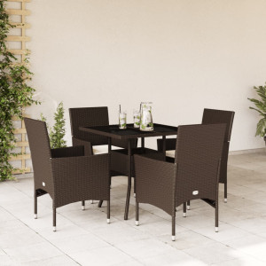 Set comedor jardín 5 pzas cojines ratán sintético vidrio marrón D