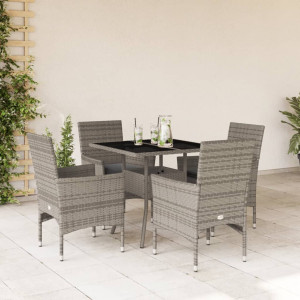 Set comedor jardín 5 pzas y cojines ratán sintético vidrio gris D