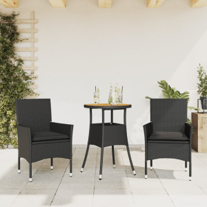 Set de comedor jardín 3 pzas con cojines ratán PE acacia negro D