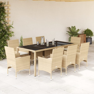 Set comedor jardín 9 pzas cojines ratán sintético vidrio beige D