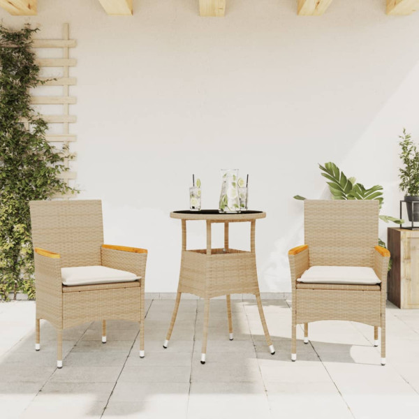 Set comedor jardín 3 pzas cojines ratán sintético vidrio beige D