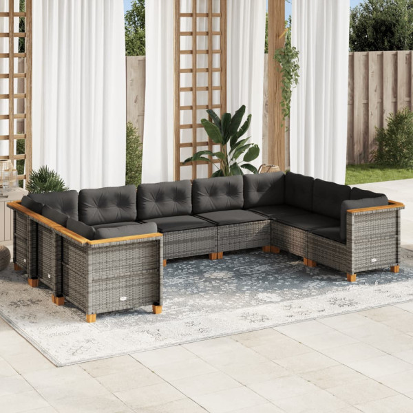 Set de muebles de jardín 9 pzas y cojines ratán sintético gris D