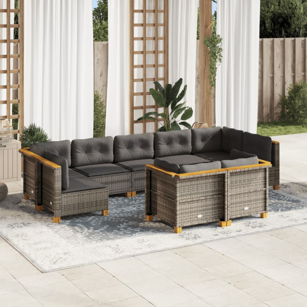 Set de muebles de jardín 9 pzas y cojines ratán sintético gris D