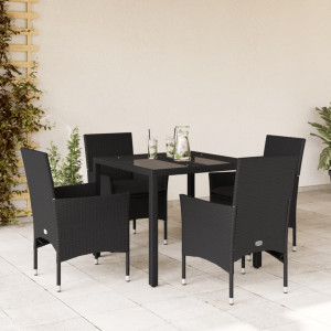 Set comedor jardín 5 pzas cojines ratán sintético vidrio negro D