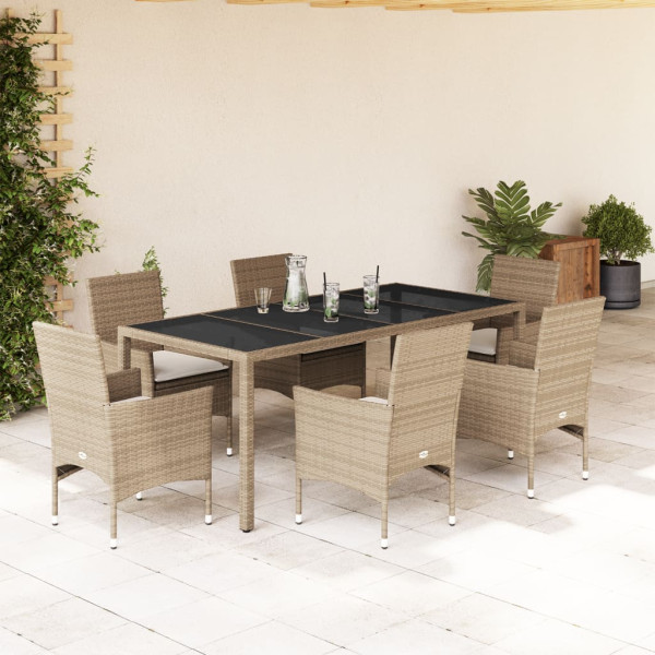 Set comedor jardín 7 pzas cojines ratán sintético vidrio beige D