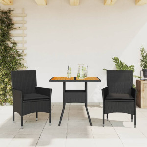 Set de comedor jardín 3 pzas con cojines ratán PE acacia negro D