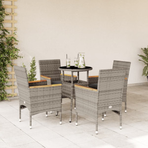 Set comedor jardín 5 pzas y cojines ratán sintético vidrio gris D