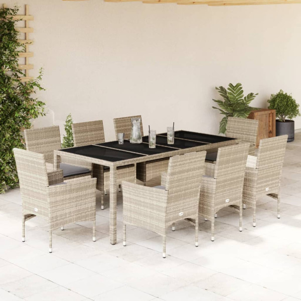 Set de comedor jardín 9 piezas y cojines ratán PE y vidrio gris D