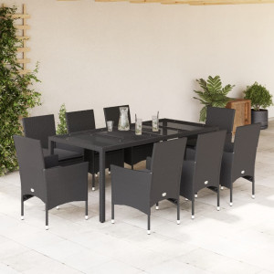 Set comedor jardín 9 pzas cojines ratán sintético vidrio negro D