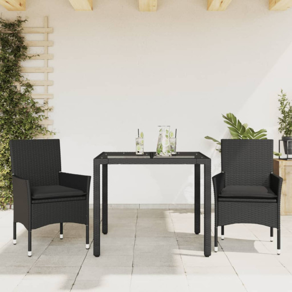 Set comedor jardín 3 pzas cojines ratán sintético vidrio negro D