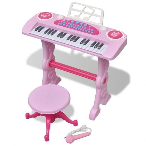 Piano de brinquedo de 37 teclas com banco/microfone para crianças (rosa) D
