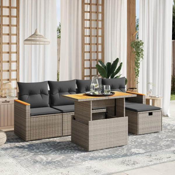 Set de muebles de jardín 6 pzas y cojines ratán sintético gris D