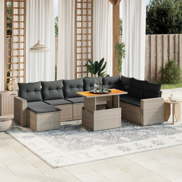 Set de muebles de jardín 9 pzas y cojines ratán sintético gris D