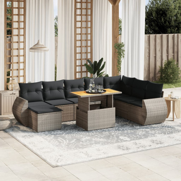 Set de muebles de jardín 9 pzas y cojines ratán sintético gris D