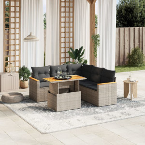 Set de muebles de jardín 6 pzas y cojines ratán sintético gris D