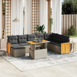 Set de muebles de jardín 9 pzas y cojines ratán sintético gris D