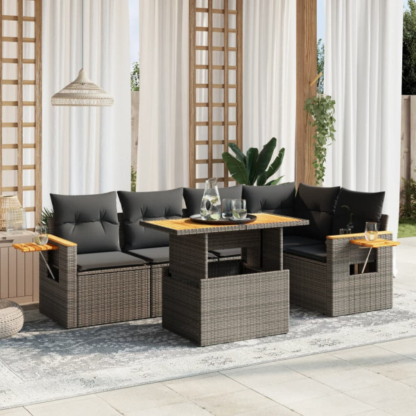 Set de muebles de jardín 6 pzas y cojines ratán sintético gris D