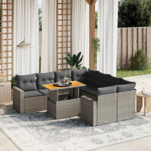 Set de muebles de jardín 9 pzas y cojines ratán sintético gris D