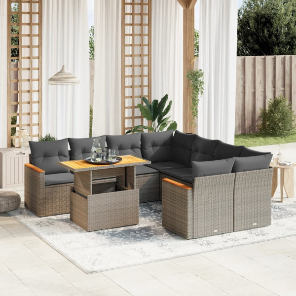 Set de muebles de jardín 9 pzas y cojines ratán sintético gris D