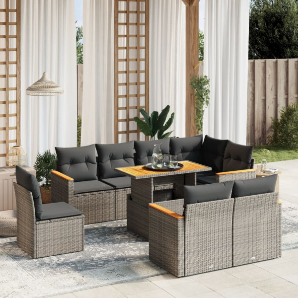 Set de muebles de jardín 9 pzas y cojines ratán sintético gris D