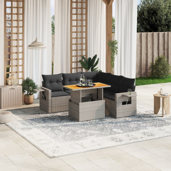 Set de muebles de jardín 6 pzas y cojines ratán sintético gris D