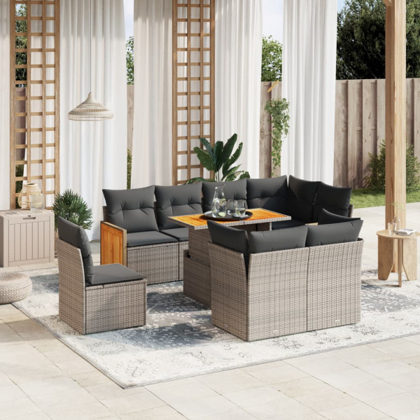 Set de muebles de jardín 9 pzas y cojines ratán sintético gris D