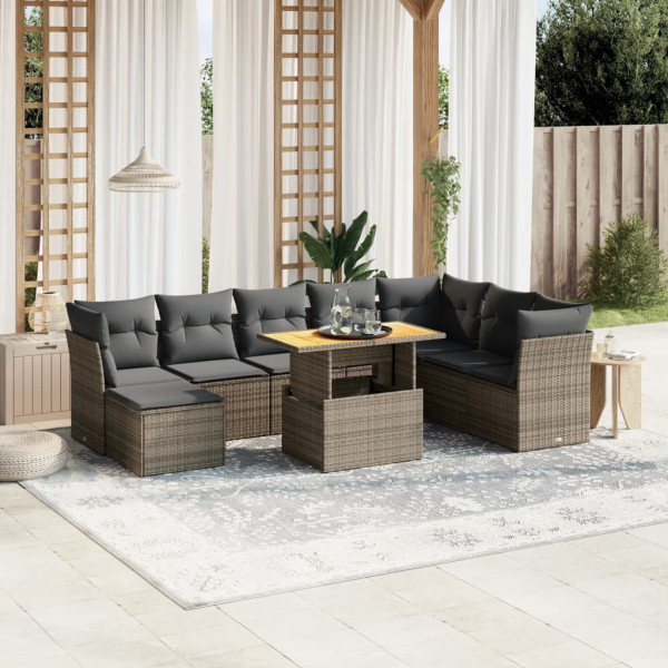 Set de muebles de jardín 9 pzas y cojines ratán sintético gris D