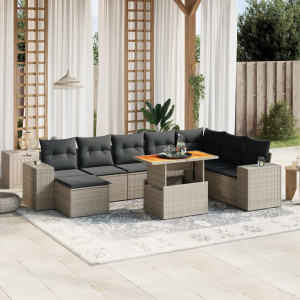 Set de muebles de jardín 9 pzas y cojines ratán sintético gris D