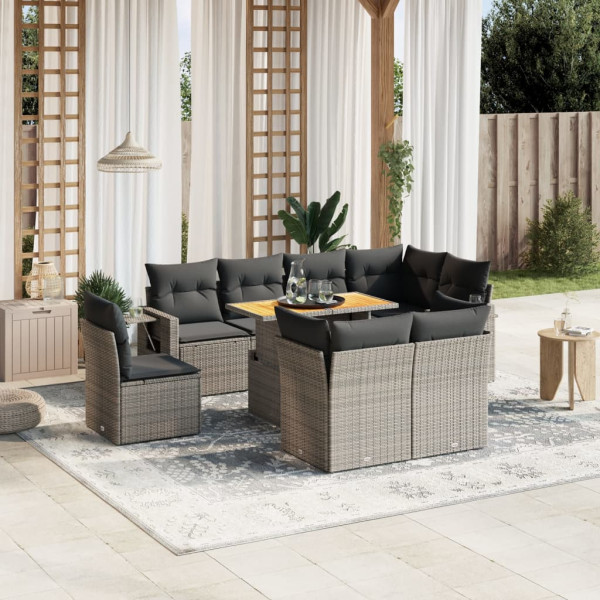 Set de muebles de jardín 9 pzas y cojines ratán sintético gris D